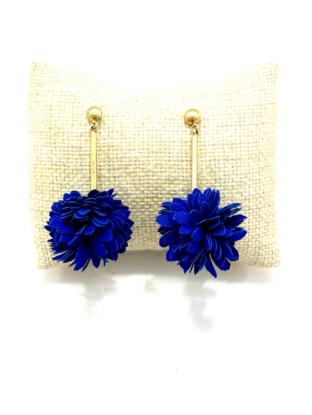 J.Crew Royal Cobalt Blue Fabric Flower Pom Pom Dangle Drop Statement Earrings